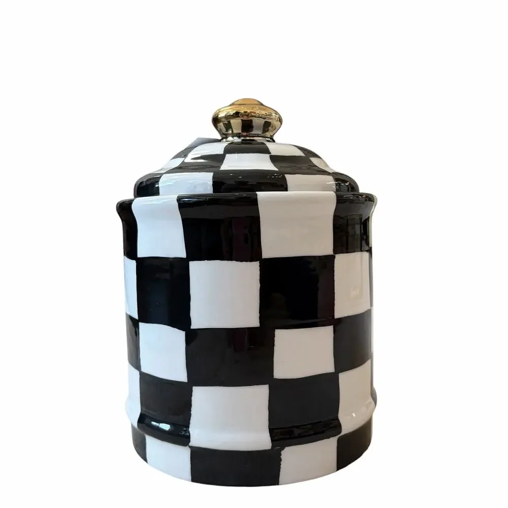 Almeria Checkered Ceramic Canister w/ Lid Black & White 8.5x6 NEW